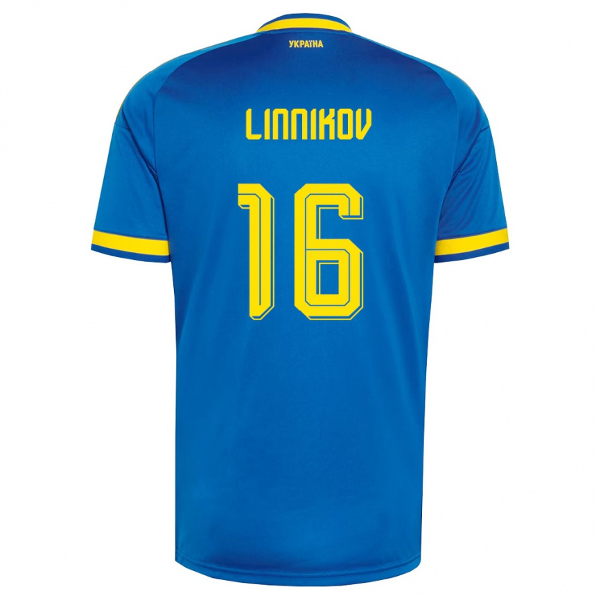 ילדים כדורגל אוקראינה Vsevolod Linnikov #16 כחול צהוב כהה הרחק ג'רזי 26-28