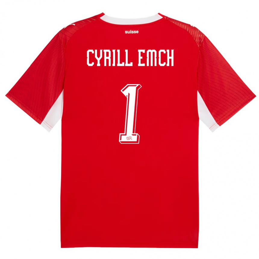 גברים כדורגל שווייץ Cyrill Emch #1 אדום לבן ג'רזי ביתית 26-28
