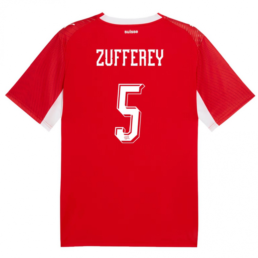 גברים כדורגל שווייץ Gil Zufferey #5 אדום לבן ג'רזי ביתית 26-28