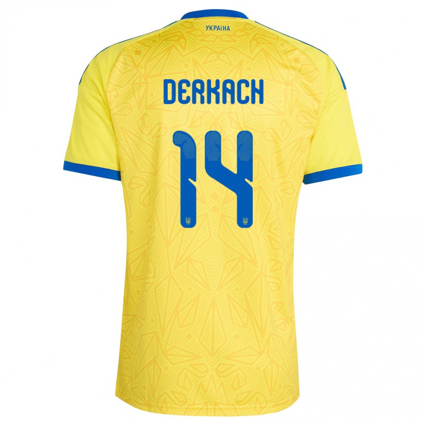 גברים כדורגל אוקראינה Yana Derkach #14 צהוב כחול ג'רזי ביתית 26-28