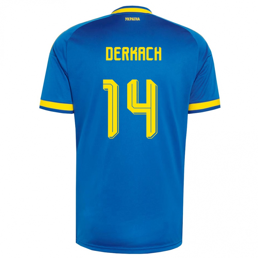 גברים כדורגל אוקראינה Yana Derkach #14 כחול צהוב כהה הרחק ג'רזי 26-28