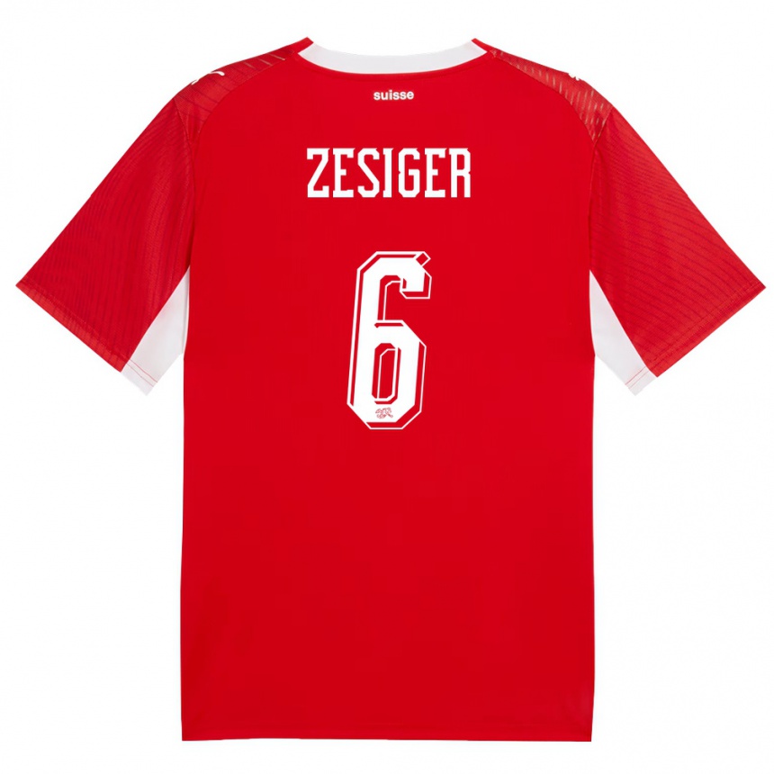 נשים כדורגל שווייץ Navin Zesiger #6 אדום לבן ג'רזי ביתית 26-28