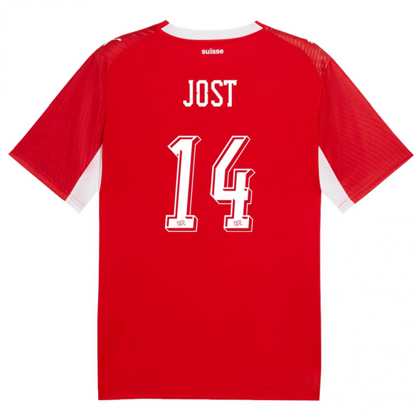 נשים כדורגל שווייץ Tristan Jost #14 אדום לבן ג'רזי ביתית 26-28