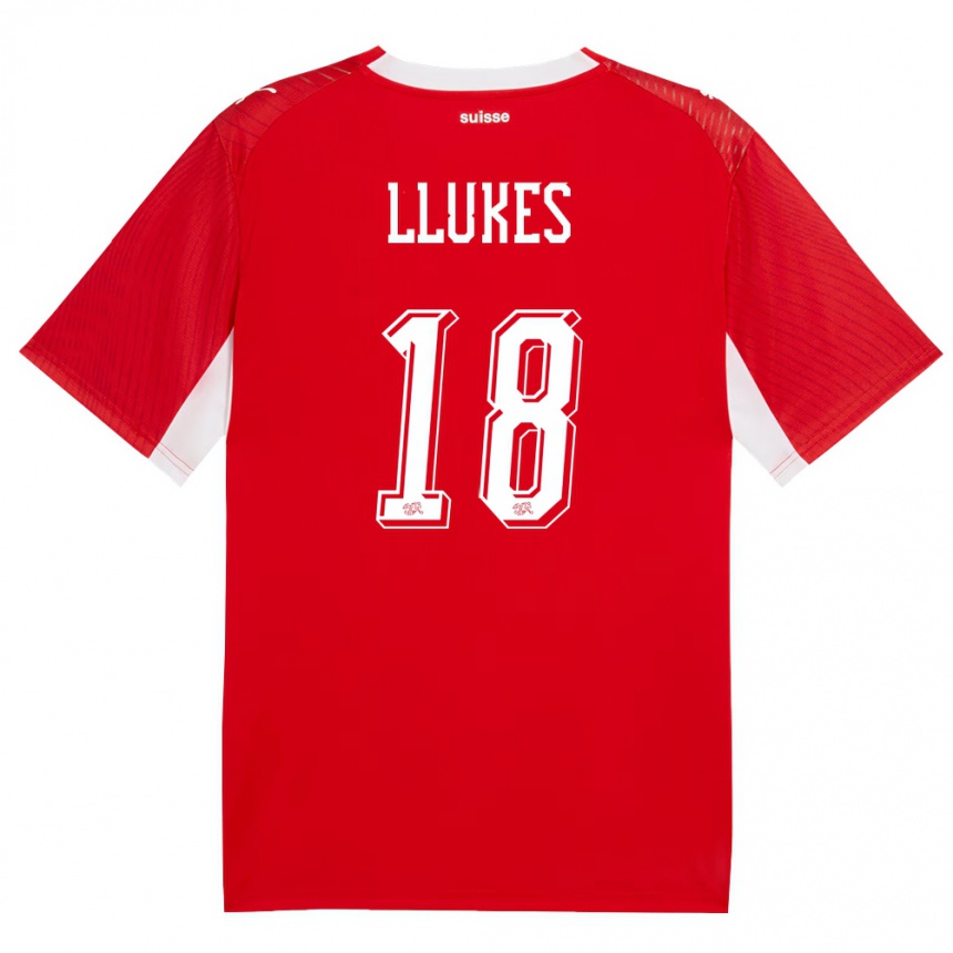 נשים כדורגל שווייץ Adrien Llukes #18 אדום לבן ג'רזי ביתית 26-28