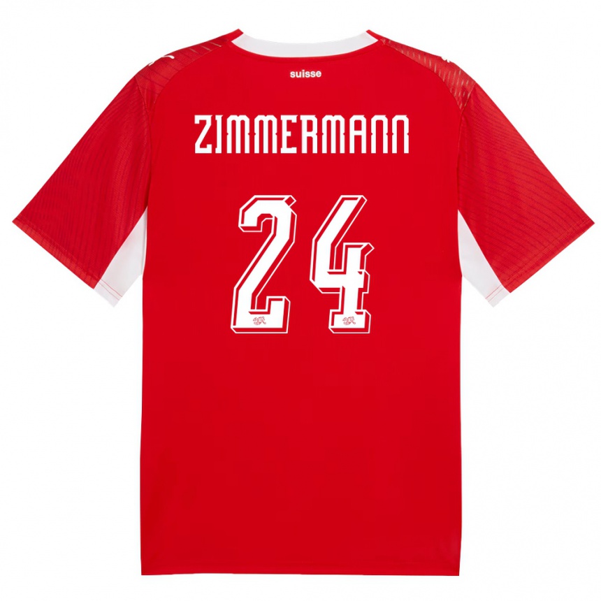 נשים כדורגל שווייץ Mio Zimmermann #24 אדום לבן ג'רזי ביתית 26-28