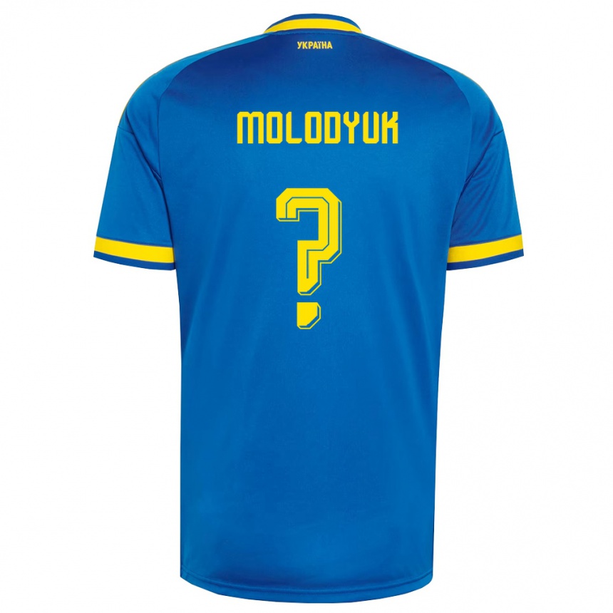 נשים כדורגל אוקראינה Yelyzaveta Molodyuk #0 כחול צהוב כהה הרחק ג'רזי 26-28