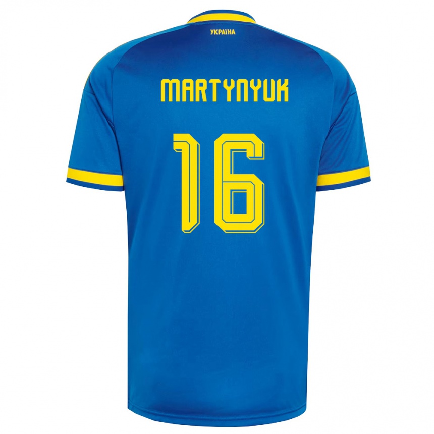 נשים כדורגל אוקראינה Oleksandr Martynyuk #16 כחול צהוב כהה הרחק ג'רזי 26-28