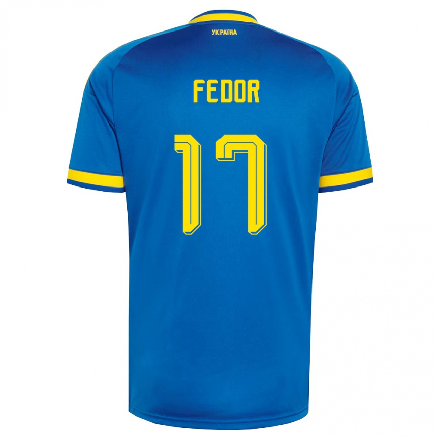 נשים כדורגל אוקראינה Oleg Fedor #17 כחול צהוב כהה הרחק ג'רזי 26-28