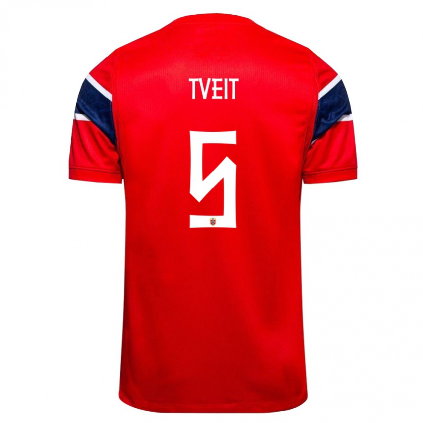 ילדים כדורגל נורבגיה Aksel Tveit #5 אדום כהה לבן ג'רזי ביתית 26-28