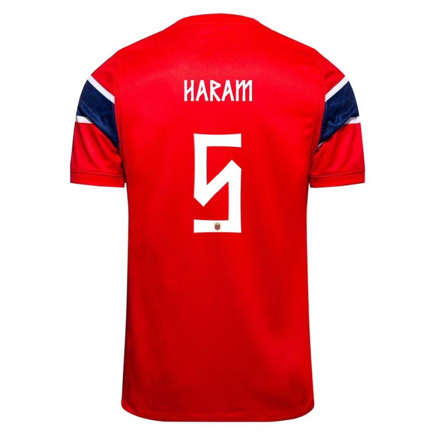 ילדים כדורגל נורבגיה Simen Haram #5 אדום כהה לבן ג'רזי ביתית 26-28
