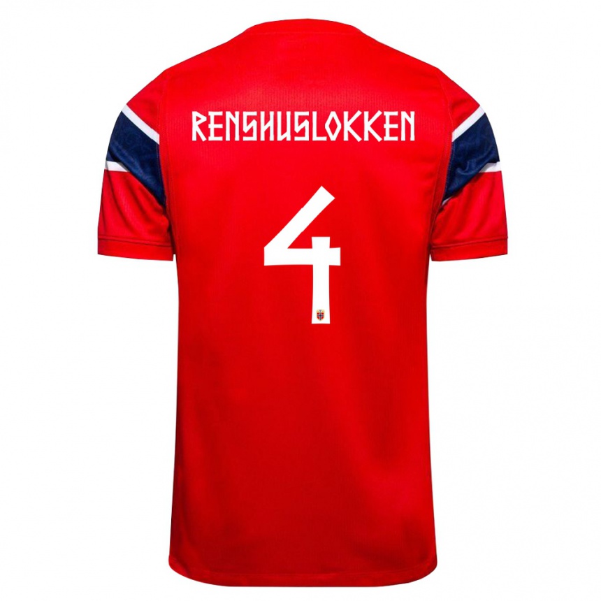 גברים כדורגל נורבגיה Jesper Renshusløkken #4 אדום כהה לבן ג'רזי ביתית 26-28
