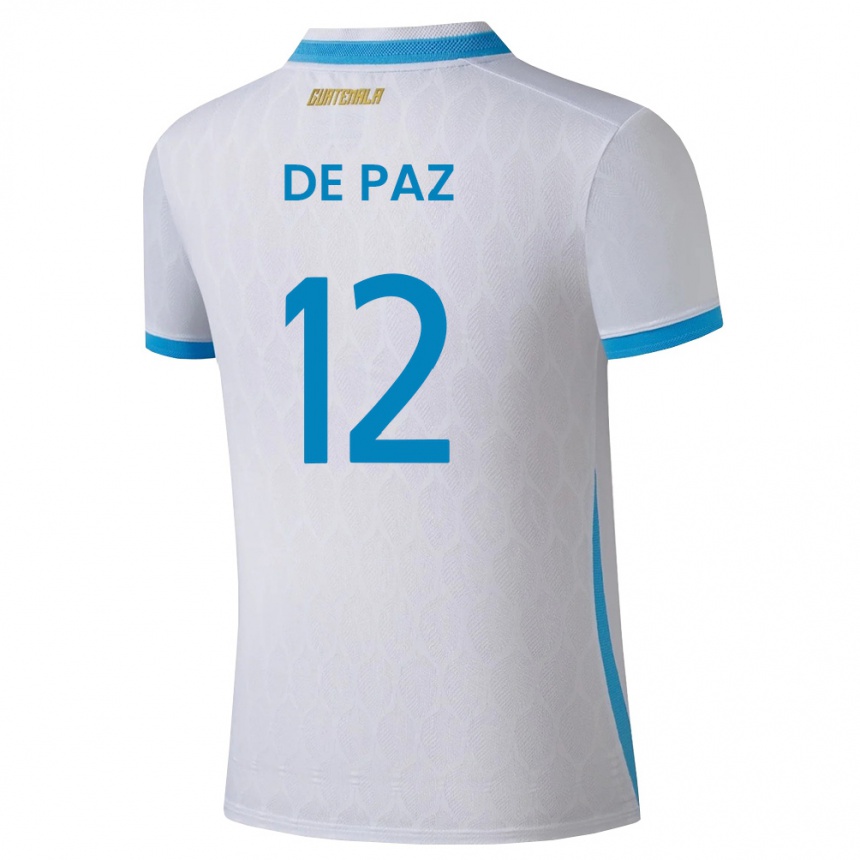 גברים כדורגל גואטמלה Mario De Paz #12 לבן כחול שמיים זהב ג'רזי ביתית 26-28