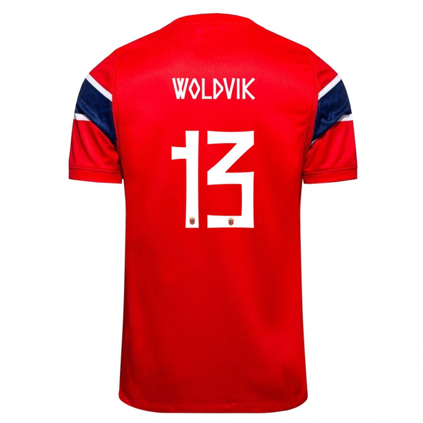 נשים כדורגל נורבגיה Emilie Woldvik #13 אדום כהה לבן ג'רזי ביתית 26-28