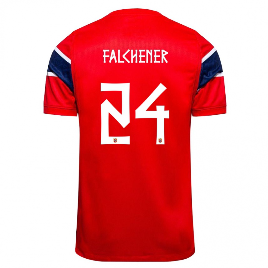 נשים כדורגל נורבגיה Henrik Falchener #24 אדום כהה לבן ג'רזי ביתית 26-28