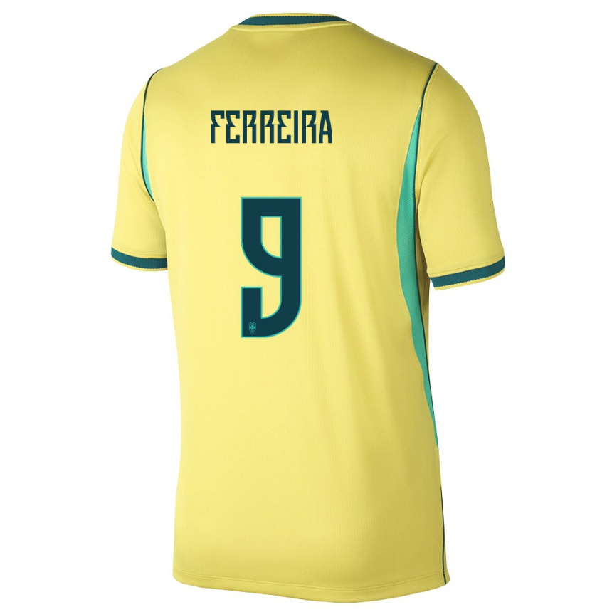 נשים כדורגל ברזיל Juan Ferreira #9 צהוב ירוק ג'רזי ביתית 26-28