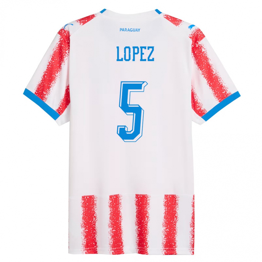 נשים כדורגל פרגוואי Óscar López #5 לבן אדום כחול ג'רזי ביתית 26-28
