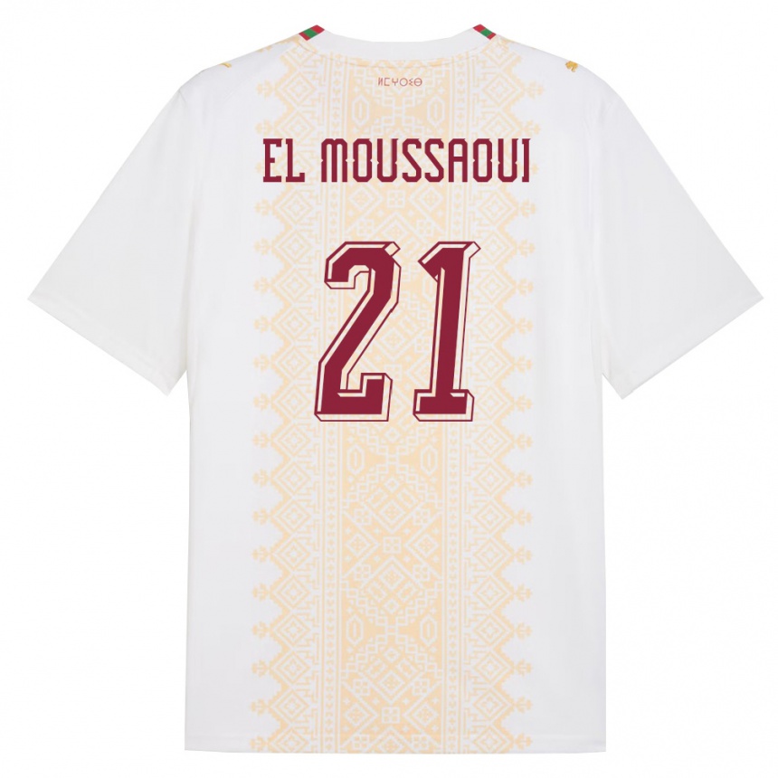 ילדים כדורגל מָרוֹקוֹ Tajeddine El Moussaoui #21 לבן זהב אדום הרחק ג'רזי 26-28