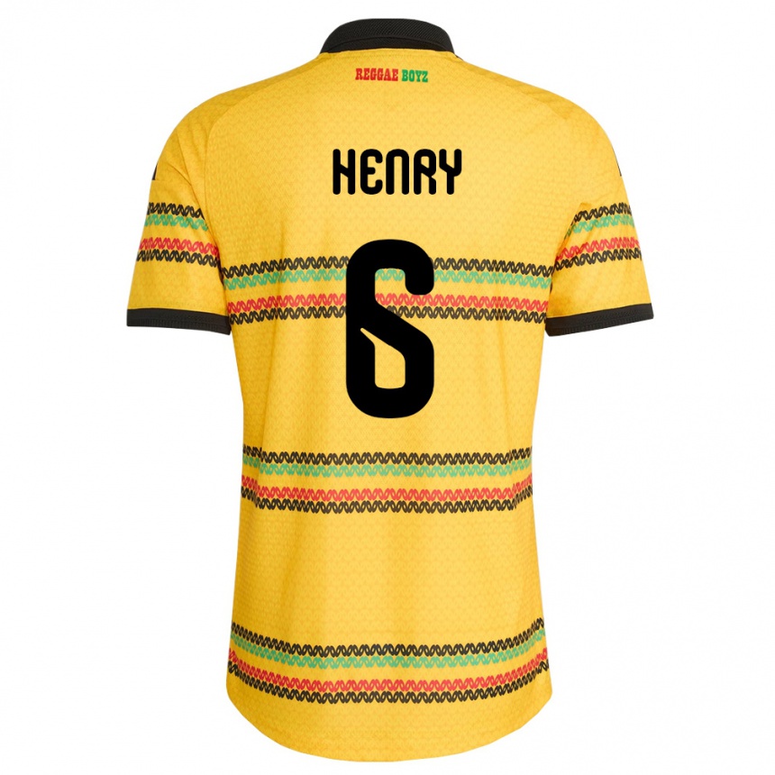 גברים כדורגל ג'מייקה Romie Henry #6 צהוב שחור ירוק ג'רזי ביתית 26-28