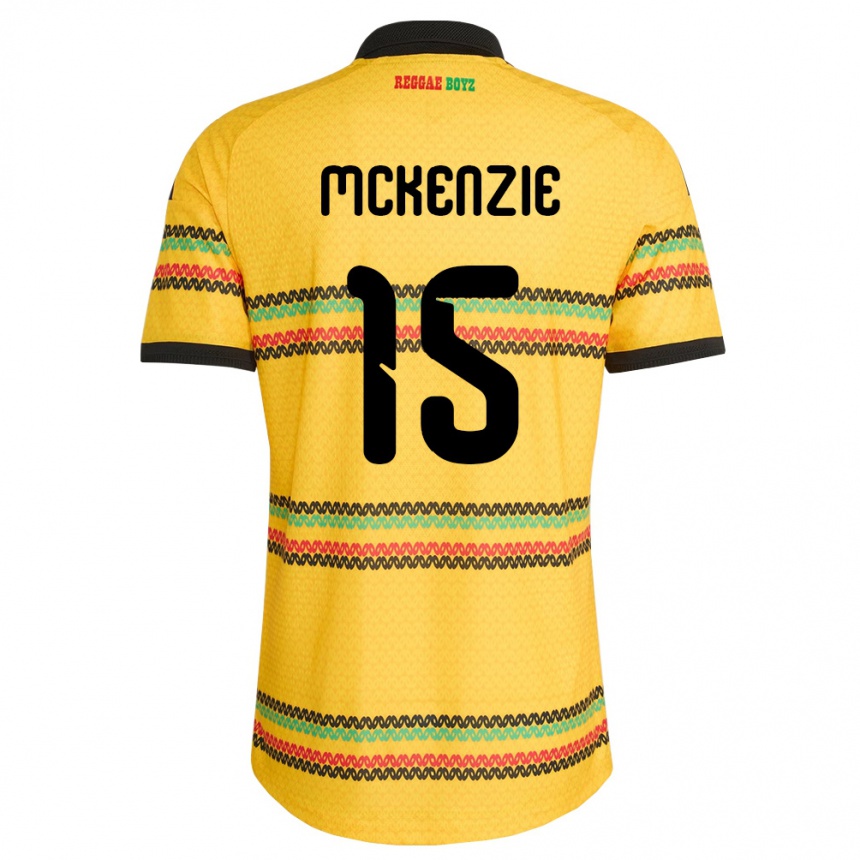 גברים כדורגל ג'מייקה Rajon Mckenzie #15 צהוב שחור ירוק ג'רזי ביתית 26-28