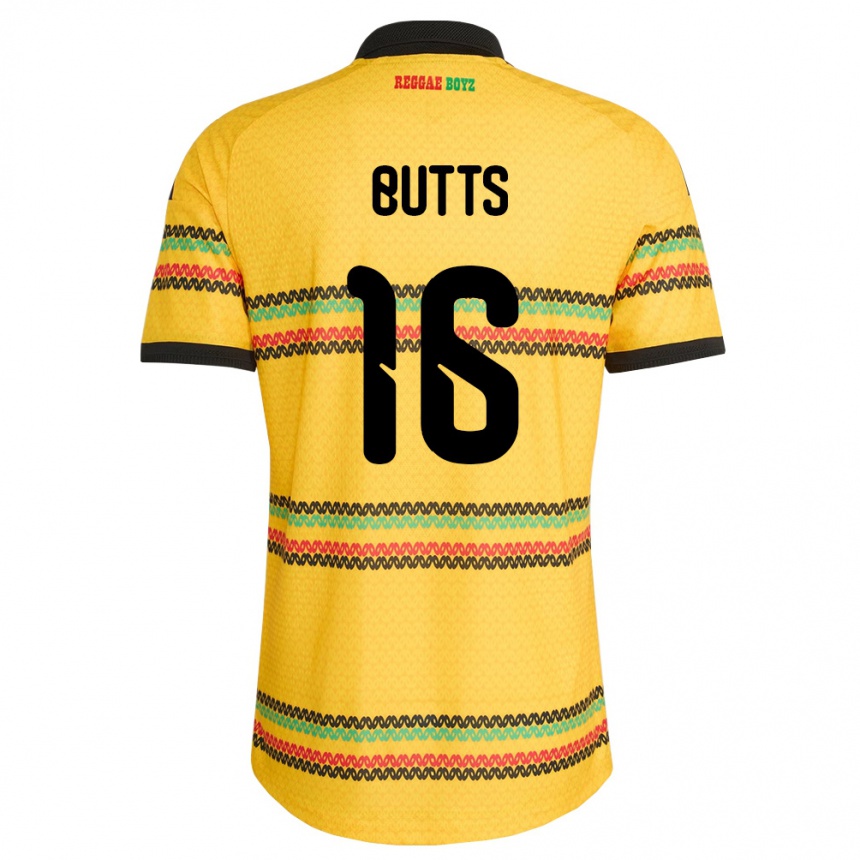 גברים כדורגל ג'מייקה Njeri Butts #16 צהוב שחור ירוק ג'רזי ביתית 26-28
