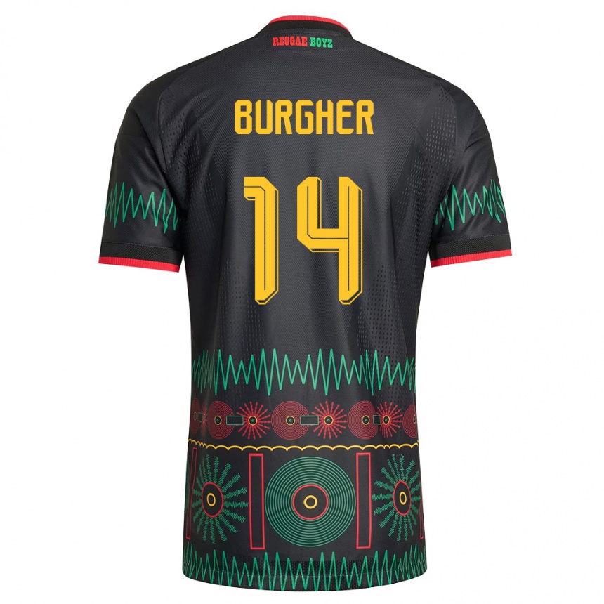 גברים כדורגל ג'מייקה Duwayne Burgher #14 שחור אדום צהוב הרחק ג'רזי 26-28