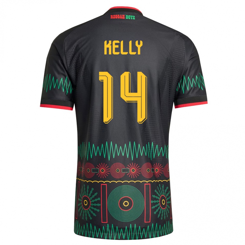 גברים כדורגל ג'מייקה Raheem Kelly #14 שחור אדום צהוב הרחק ג'רזי 26-28