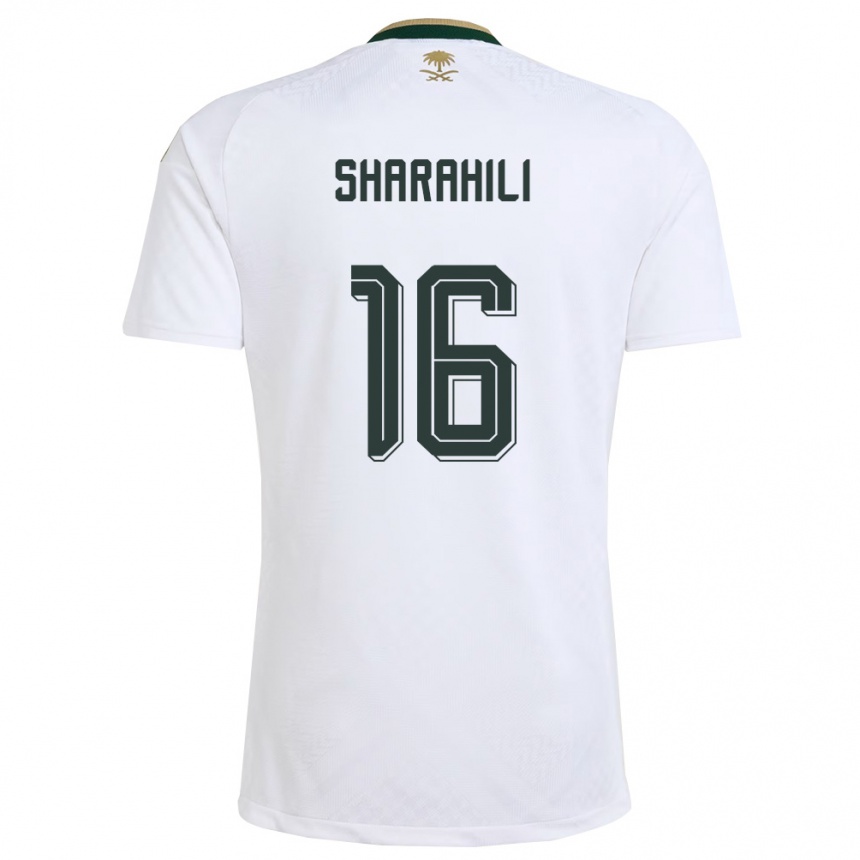 גברים כדורגל ערב הסעודית Khalid Mashhour Sharahili #16 לבן ירוק זהב הרחק ג'רזי 26-28