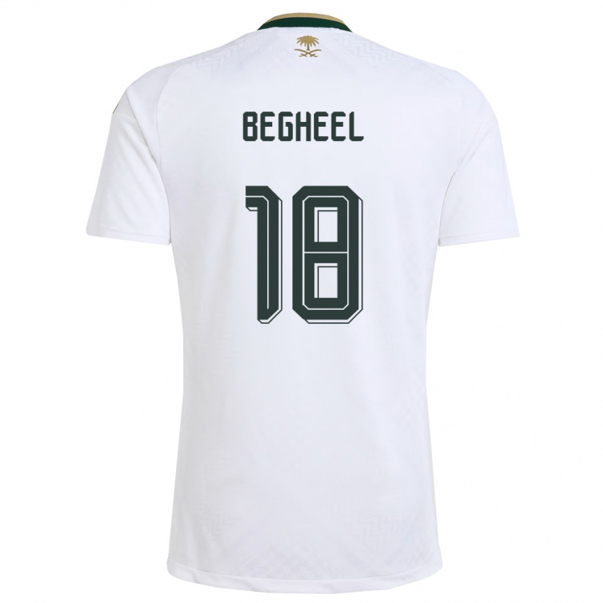 גברים כדורגל ערב הסעודית Qasem Begheel #18 לבן ירוק זהב הרחק ג'רזי 26-28