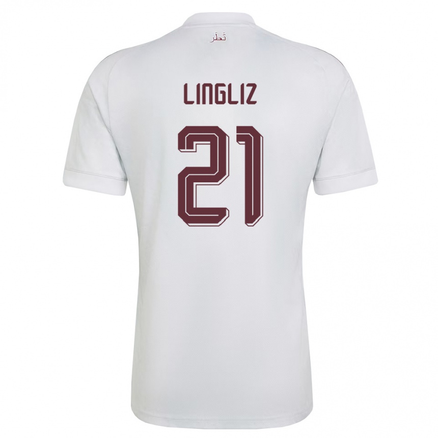 גברים כדורגל קטאר Mohamed Lingliz #21 לבן בורדו הרחק ג'רזי 26-28