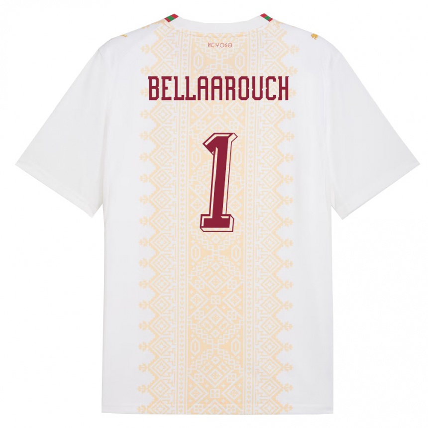גברים כדורגל מָרוֹקוֹ Chouaib Bellaarouch #1 לבן זהב אדום הרחק ג'רזי 26-28