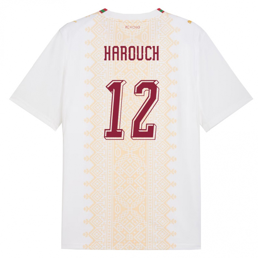 גברים כדורגל מָרוֹקוֹ Mohamed Harouch #12 לבן זהב אדום הרחק ג'רזי 26-28