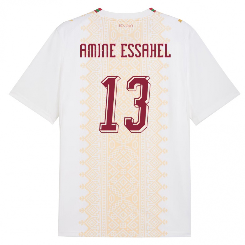 גברים כדורגל מָרוֹקוֹ Mohamed Amine Essahel #13 לבן זהב אדום הרחק ג'רזי 26-28