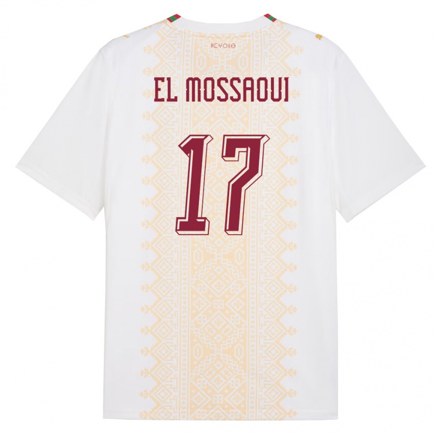 גברים כדורגל מָרוֹקוֹ Mohamed El Mossaoui #17 לבן זהב אדום הרחק ג'רזי 26-28