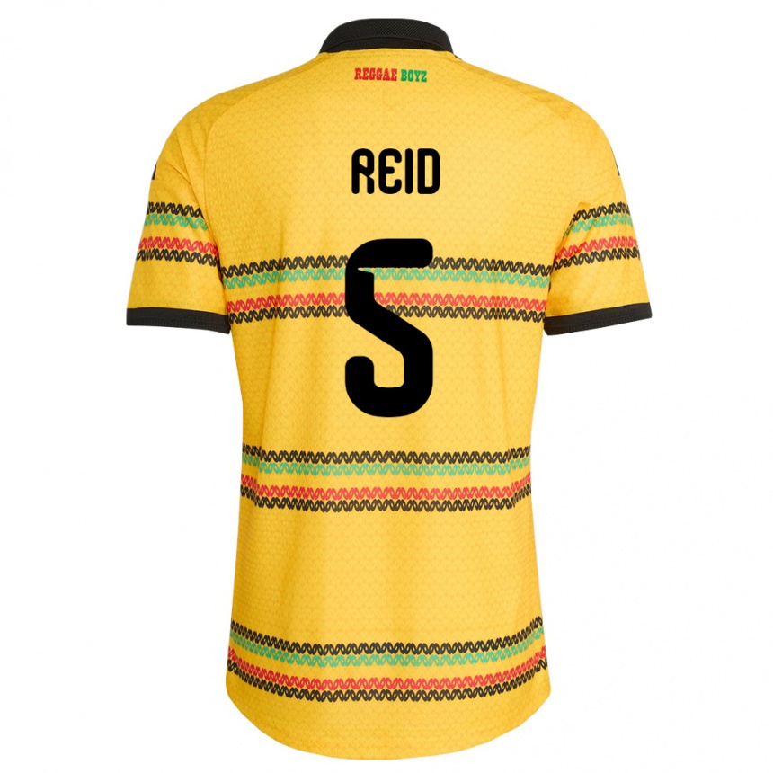נשים כדורגל ג'מייקה Adrian Reid #5 צהוב שחור ירוק ג'רזי ביתית 26-28