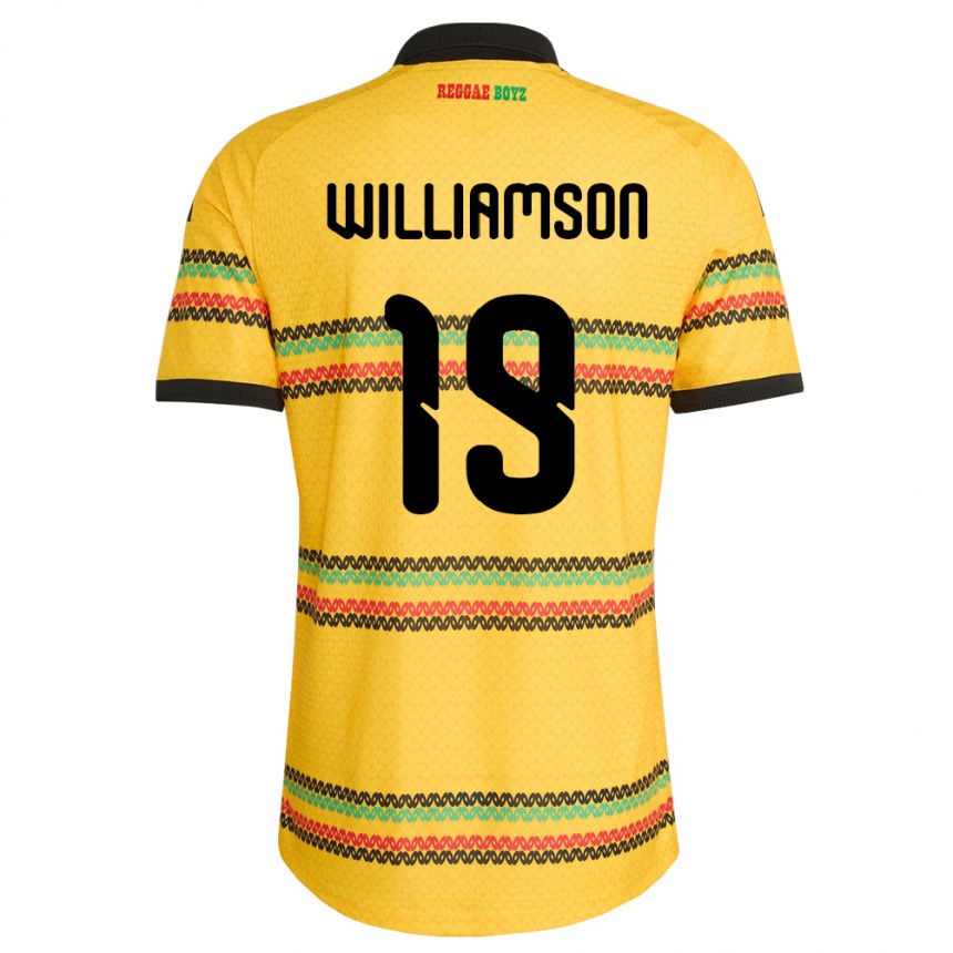 נשים כדורגל ג'מייקה Kai Williamson #19 צהוב שחור ירוק ג'רזי ביתית 26-28