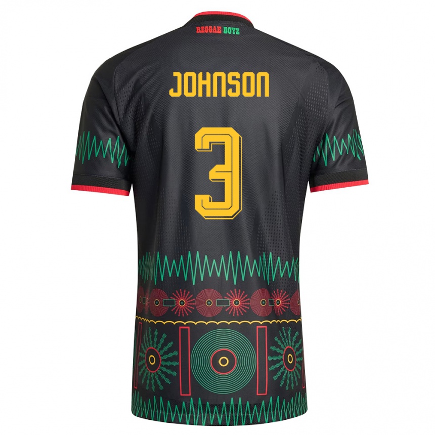 נשים כדורגל ג'מייקה Melissa Johnson #3 שחור אדום צהוב הרחק ג'רזי 26-28