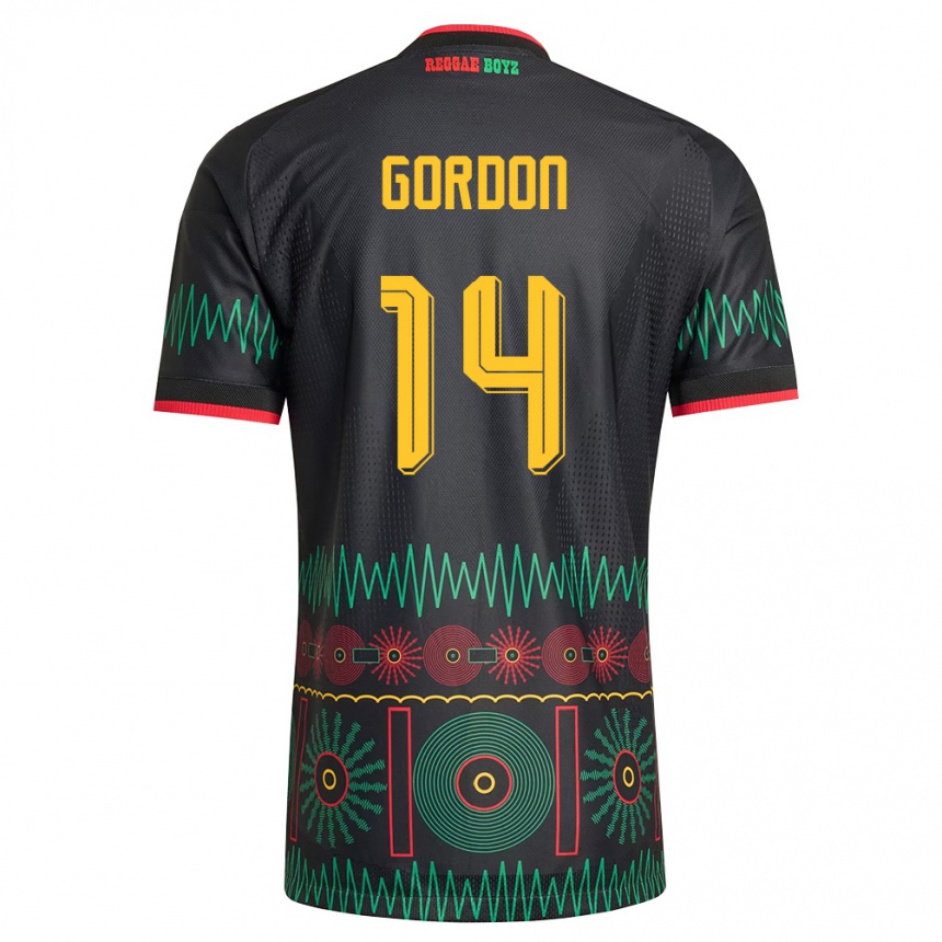 נשים כדורגל ג'מייקה Ashton Gordon #14 שחור אדום צהוב הרחק ג'רזי 26-28