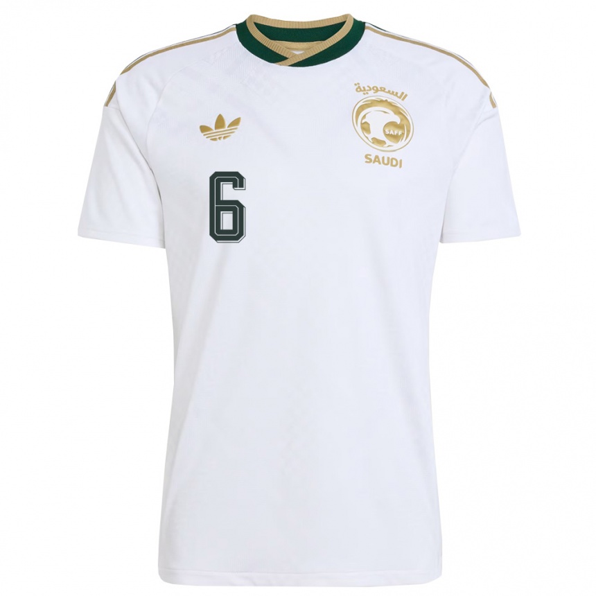 נשים כדורגל ערב הסעודית Faisal Al-Subiani #6 לבן ירוק זהב הרחק ג'רזי 26-28 נשים כדורגל ערב הסעודית Faisal Al-Subiani #6 לבן ירוק זהב הרחק ג'רזי 26-28