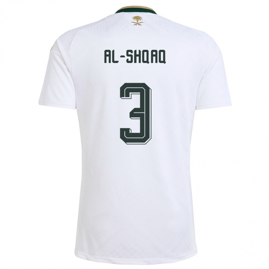 נשים כדורגל ערב הסעודית Montadhar Al-Shqaq #3 לבן ירוק זהב הרחק ג'רזי 26-28