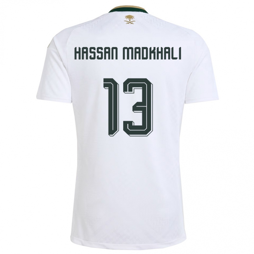 נשים כדורגל ערב הסעודית Mohammed Hassan Madkhali #13 לבן ירוק זהב הרחק ג'רזי 26-28
