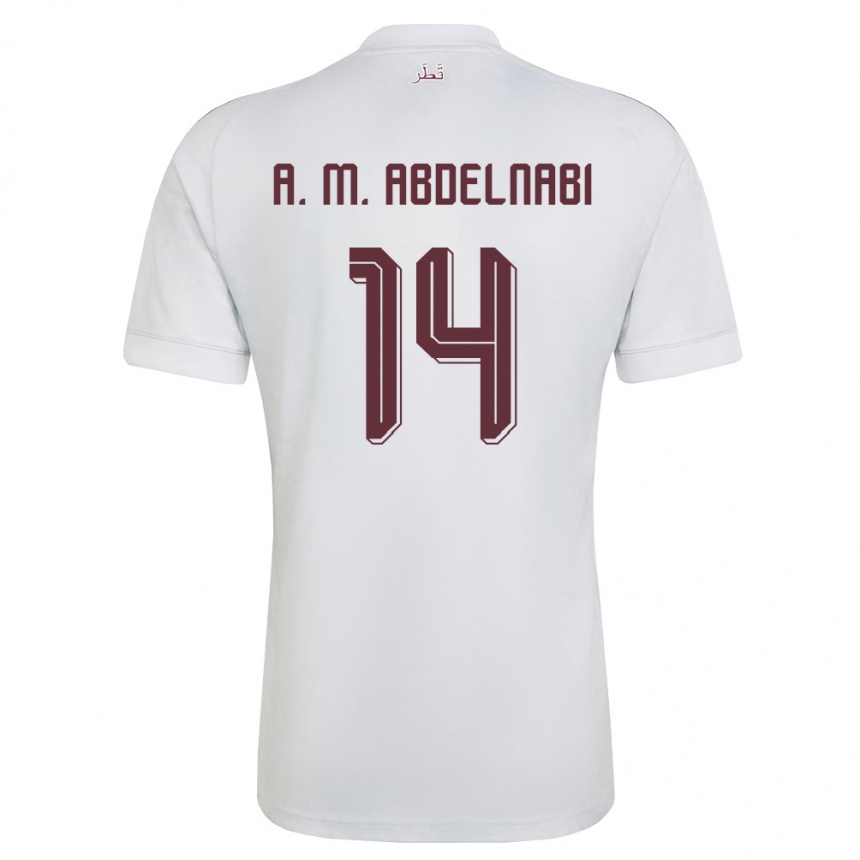 נשים כדורגל קטאר Asim Mohammed Abdelnabi #14 לבן בורדו הרחק ג'רזי 26-28