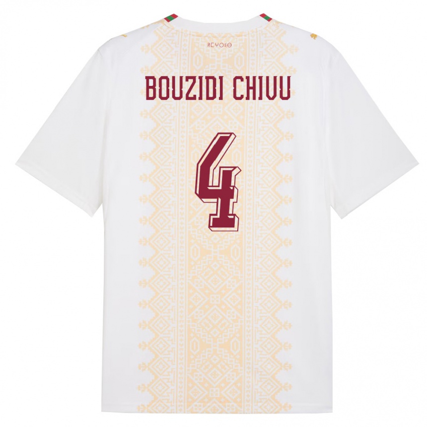 נשים כדורגל מָרוֹקוֹ Rayan Bouzidi Chivu #4 לבן זהב אדום הרחק ג'רזי 26-28