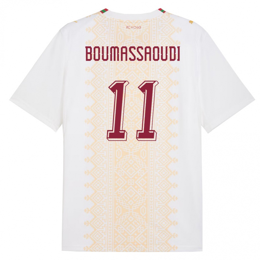 נשים כדורגל מָרוֹקוֹ Ilias Boumassaoudi #11 לבן זהב אדום הרחק ג'רזי 26-28