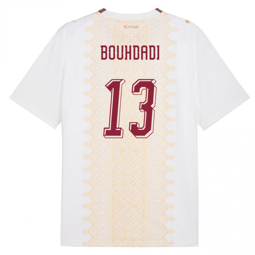נשים כדורגל מָרוֹקוֹ Adam Bouhdadi #13 לבן זהב אדום הרחק ג'רזי 26-28