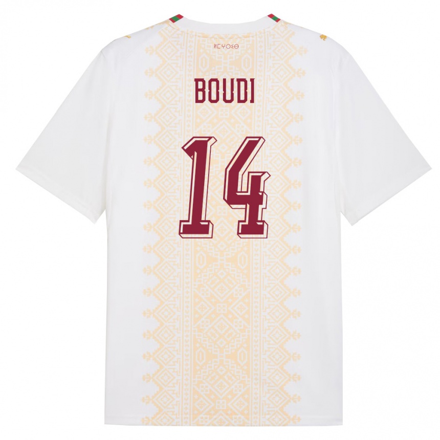 נשים כדורגל מָרוֹקוֹ Said Boudi #14 לבן זהב אדום הרחק ג'רזי 26-28