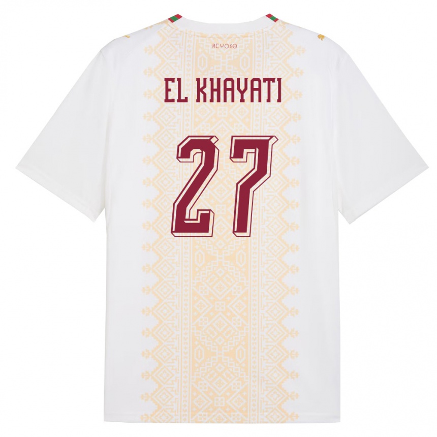 נשים כדורגל מָרוֹקוֹ Ayoub El Khayati #27 לבן זהב אדום הרחק ג'רזי 26-28