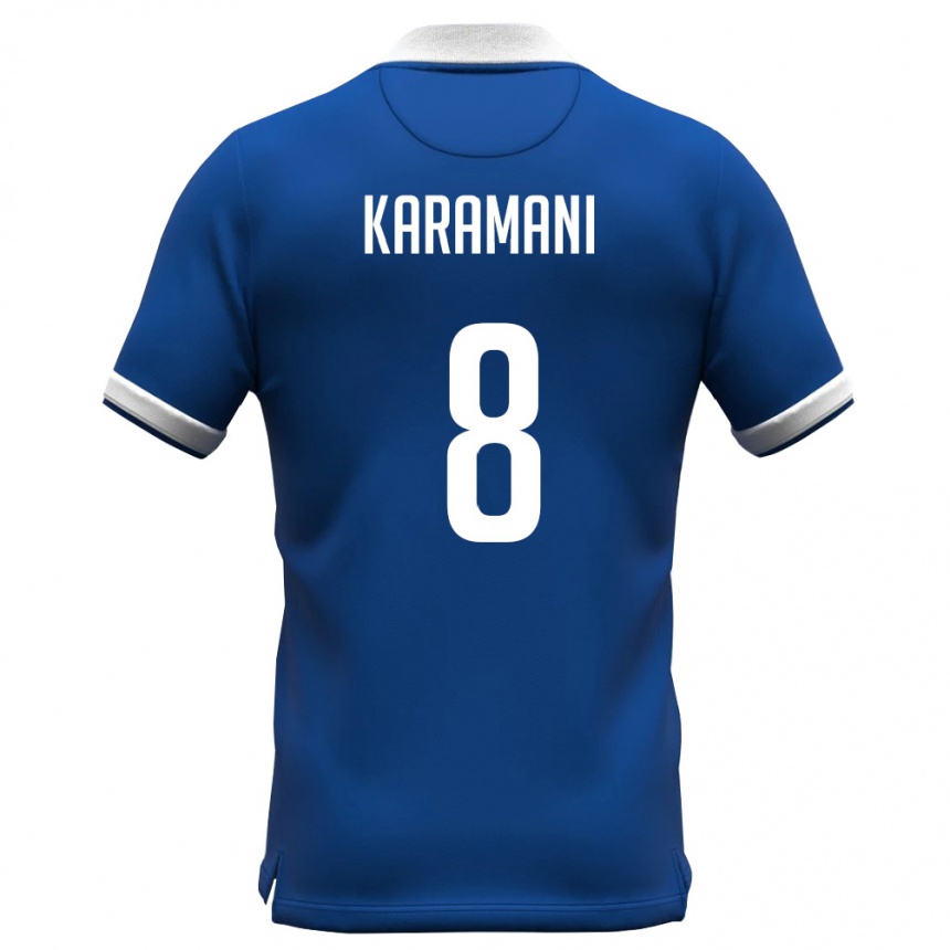 ילדים כדורגל קפריסין Christos Karamani #8 כחול מלכותי לבן ג'רזי ביתית 26-28