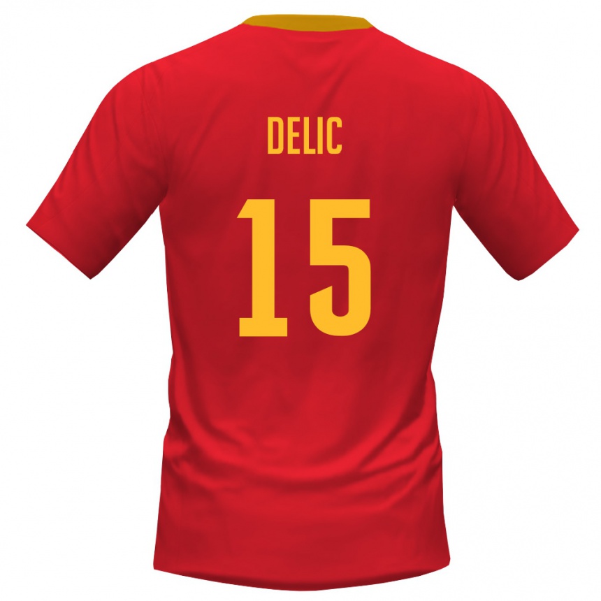 ילדים כדורגל מונטנגרו Stefan Delic #15 אדום צהוב ג'רזי ביתית 26-28