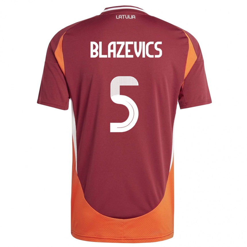 ילדים כדורגל לטביה Jegors Blazevics #5 אדום עמוק לבן כתום ג'רזי ביתית 26-28