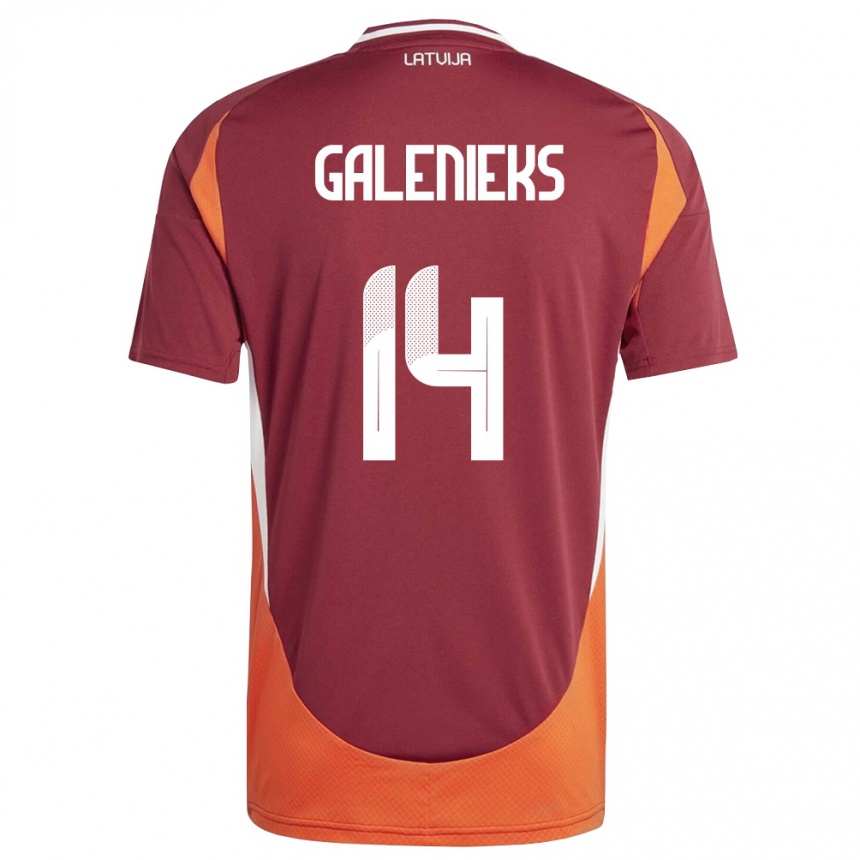 ילדים כדורגל לטביה Emils Galenieks #14 אדום עמוק לבן כתום ג'רזי ביתית 26-28